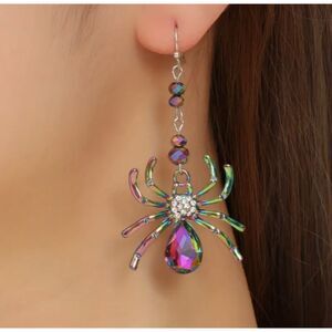 Scary Long Purple SPIDER Earrings Halloween Dangle Creepy